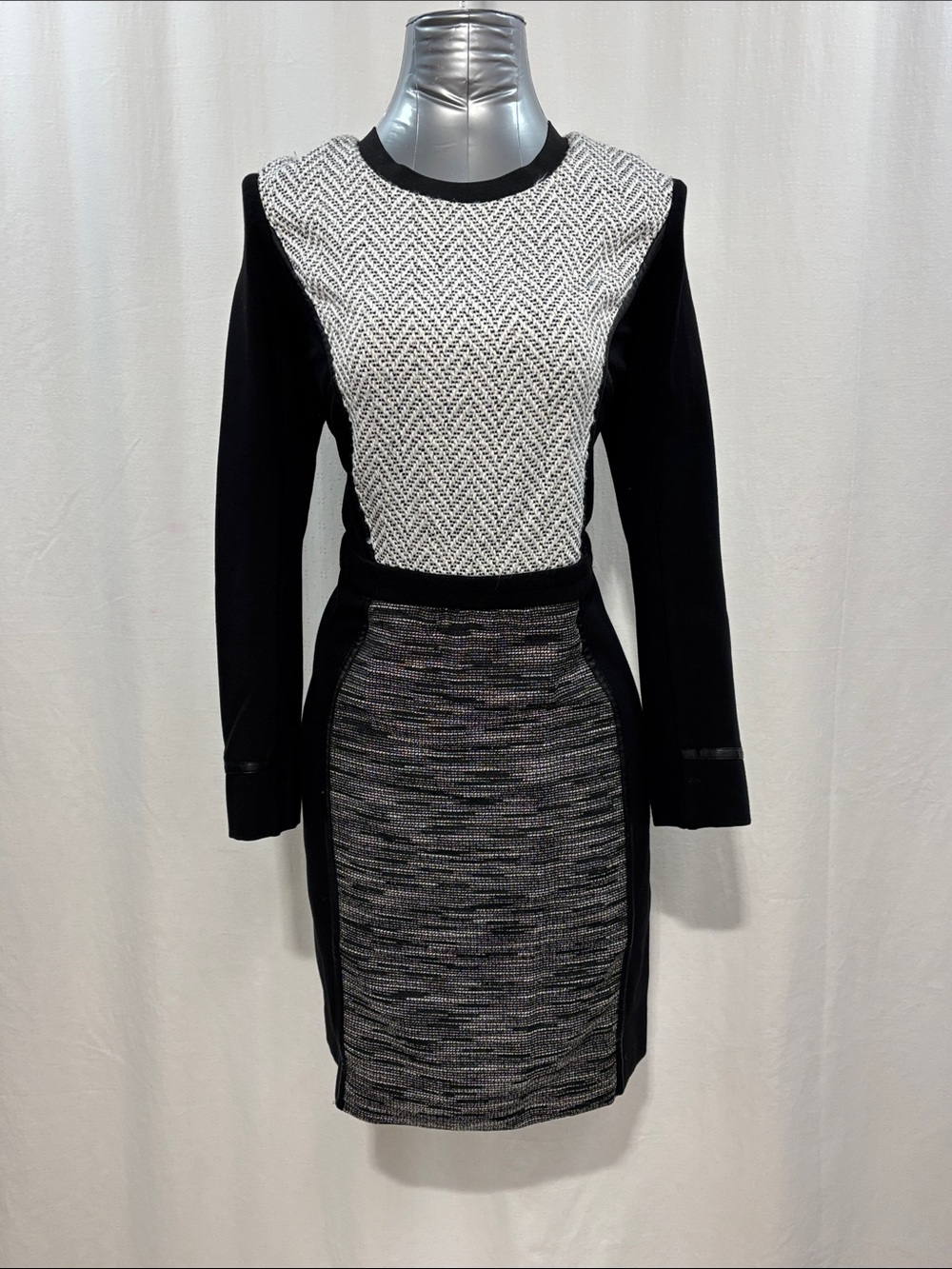 RACHEL Rachel Roy Black and White Mixed-Panel Long Sleeve Dress